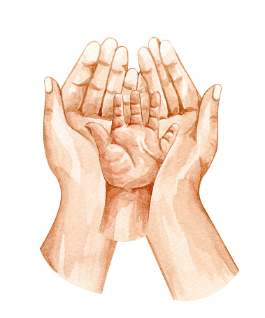 Watercolor hands illustration. Holding hands. Hope concept. charity concept. Mother and baby.