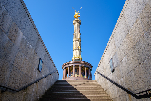 Berlin, Germany - April 19, 2023 : View of the beautiful Victory Column in Berlin Germany