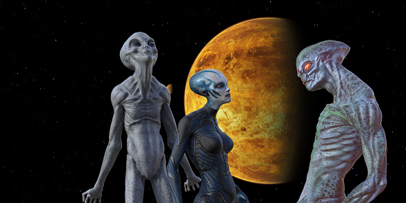 3d Illustration of three aliens talking and arguing with a large planet and moon in the background.
