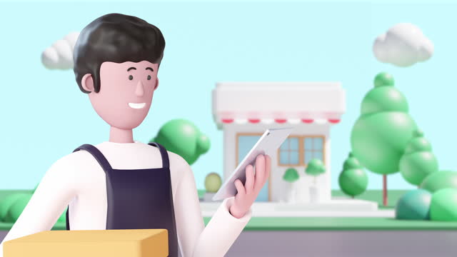 3d Animation business cartoon man using smart phone Receive orders for delivery.