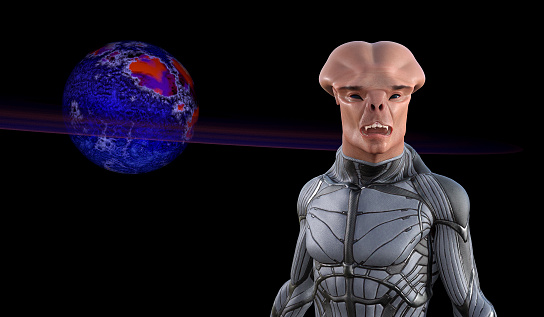 3d illustration of a male fanged alien in the foreground with a colorful large ringed exoplanet in space.