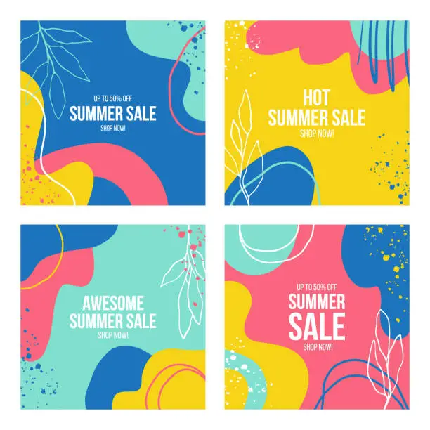 Vector illustration of Summer Sale Commercial Set. Summertime theme sale promotional backgrounds. Hand drawn floral and abstract elements.