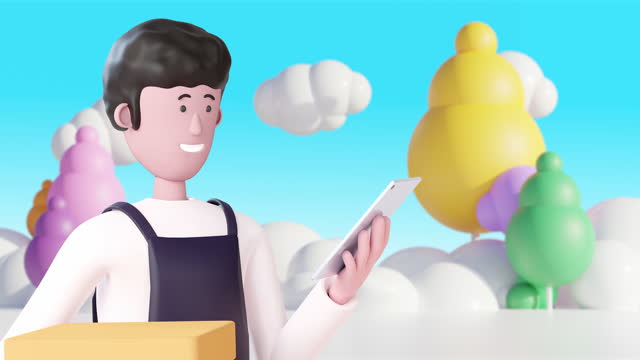 3d Animation business cartoon man using smart phone Receive orders for delivery.