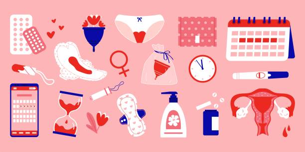 ilustraciones, imágenes clip art, dibujos animados e iconos de stock de conjunto del período menstrual. productos para el período femenino: tampón, toallas sanitarias, copa menstrual. cuidado menstrual femenino. ilustración vectorial plana. - hygienic pad