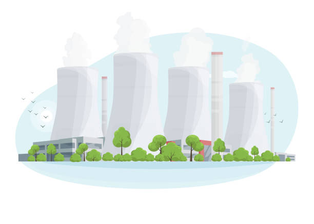 Nuclear power plant. Production of atomic energy. Isolated vector illustration on white background. Nuclear power plant. Isolated vector illustration on white background. manufacturing sourcing stock illustrations