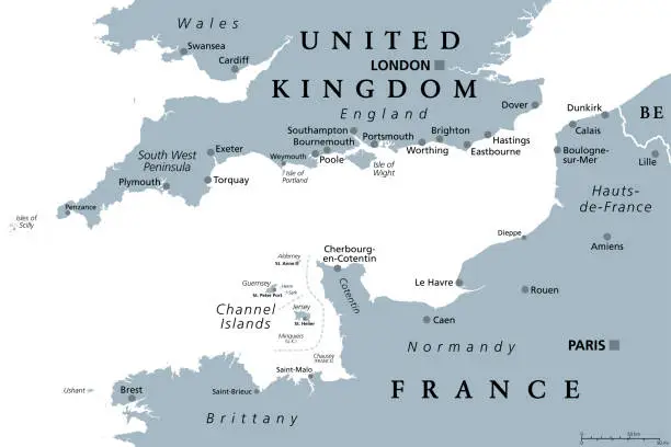 Vector illustration of English Channel, gray political map, busiest shipping area in the world