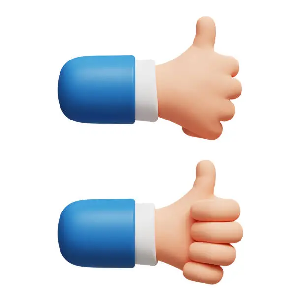 Photo of 3D cartoon character giving a thumbs-up gesture in business attire on a white background. Signifying approval. Hand view from Front and back. 3D render