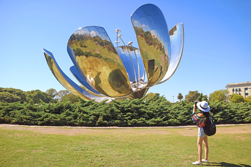 The Floralis Generica, a flower sculpture made of steel and aluminum by Argentine Architect Eduardo Catalano , located on the Plaza de las Naciones Unidas in Buenos Aires, Argentina, South America