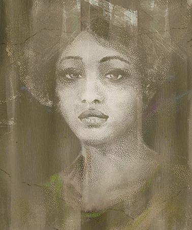 Picturesque portrait of a dark-skinned woman of mixed ethnicity with thick black hair in a retro style on an abstract background