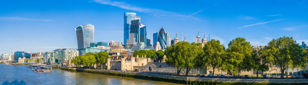London City Financial District skyscrapers overlooking Thames at Tower panorama stock photo