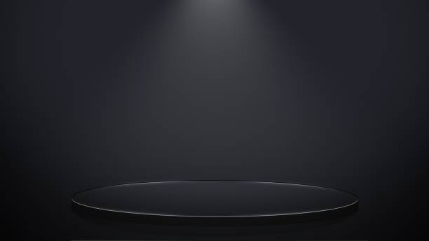 istock Black Studio Template - Round Shape Pedestal On Simple Background - Spotlight Product Shelf - Blank Studio Podium For Advertising - 3D Rendering 1487269467