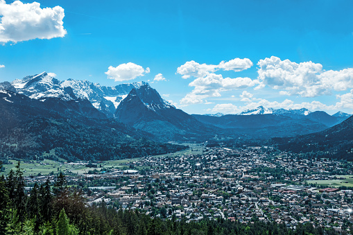 View of the town of Garmisch-Partenkirchen, Bavaria, Germany, located in the europaen Alps.