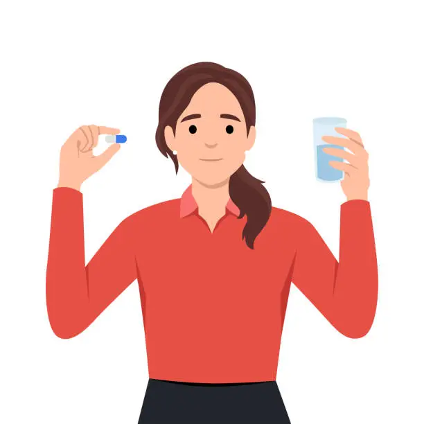 Vector illustration of Happy young woman standing with glass of water take daily dose of vitamins. Happy girl take painkiller or antidepressant. Medication and drugs.