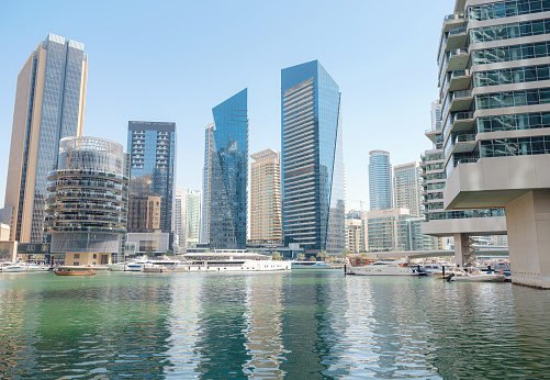 Dubai, United Arab Emirates, March 26, 2023: Dubai Marina View , amazing Modern architecture and Beautiful bay , best travel place to see in Middle east, Tourism Concept.