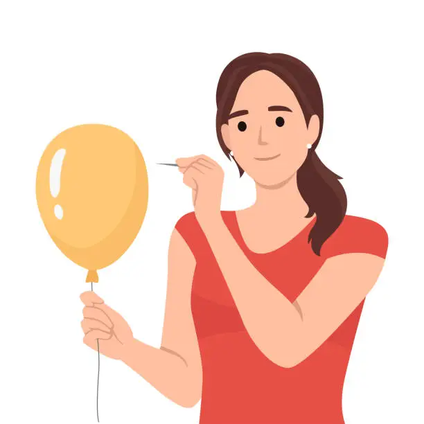 Vector illustration of Young woman pierces balloon with needle and looks forward smiling. Teenager girl in casual clothes wanting to scare someone wants to burst red inflatable balloon.