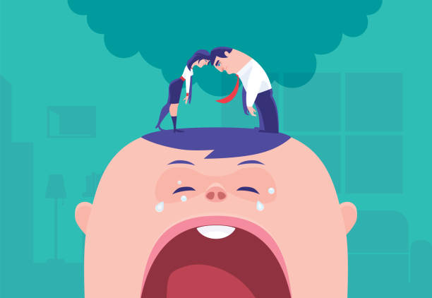 couple head to head standing on big crying baby head vector art illustration