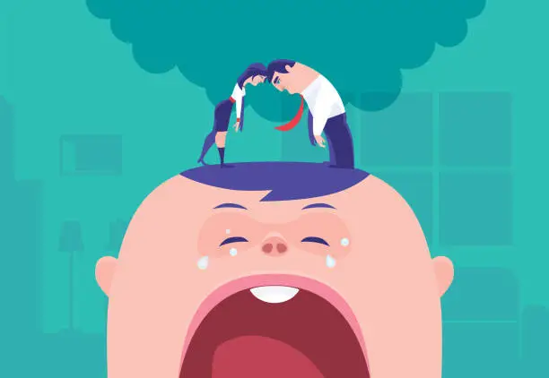 Vector illustration of couple head to head standing on big crying baby head