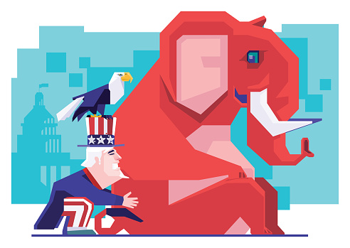 vector illustration of Uncle Sam picking up red elephant