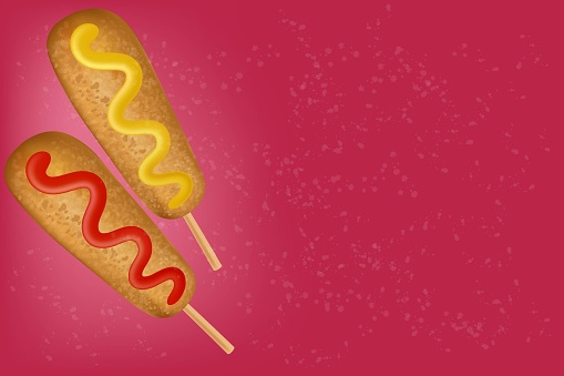 Two dog roots with ketchup and mustard on a red background with copy space. Viva Magenta Color of the Year 2023.