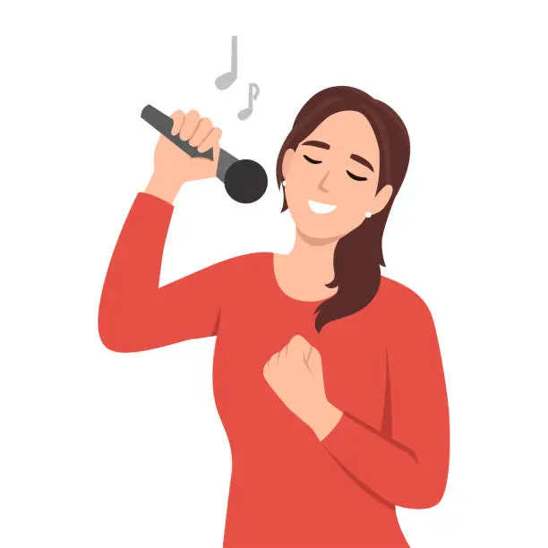 Vector illustration of Woman sings in karaoke standing near friends covering ears due to unbearable voice or high volume. Girl suffering from stress performs songs in Karaoke, preventing people around from relaxing