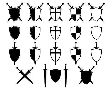 shield with sword set icon silhouette, vector illustration of medieval swords and shields isolated on a white background