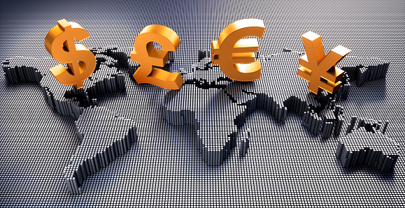 The four main golden currency symbols on digital block world map - Concept of trading - 3D illustration