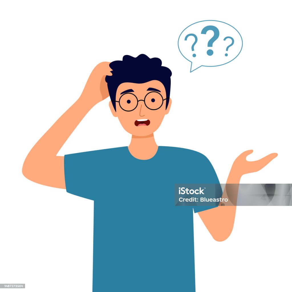Confused Man Scratching His Head With Question Mark In Flat Design On ...