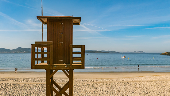Sanxenxo, Galicia, Spain - April 7, 2023: Lifeguard tower in Silgar Beach