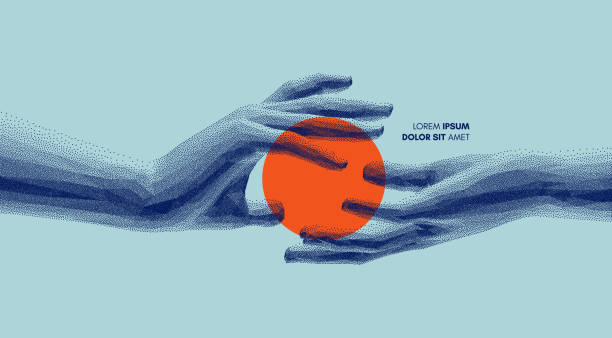 ruce držící červený kruh. snímání energie mezi dlaněmi. koncept lidského vztahu, pospolitosti, partnerství, spojení, kontaktu nebo sítě. design banneru, letáku, plakátu, obálky nebo brožury. - vztah pojem stock ilustrace