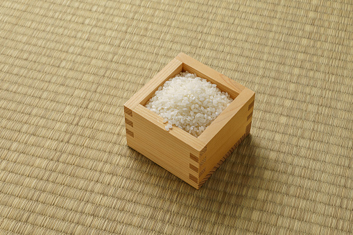 Japanese white rice on tatami mat