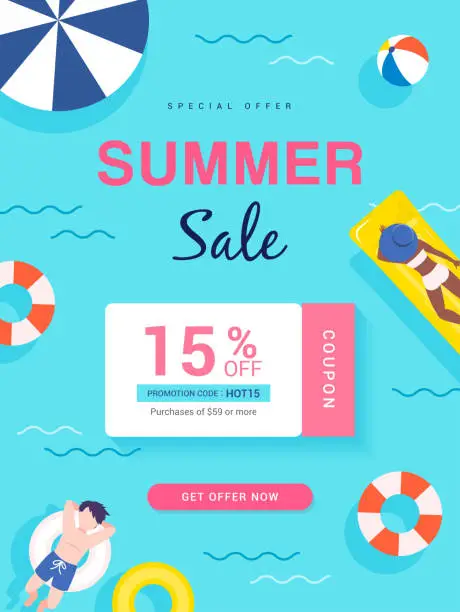 Vector illustration of Summer Sale coupon template poster vector design. Pool party theme