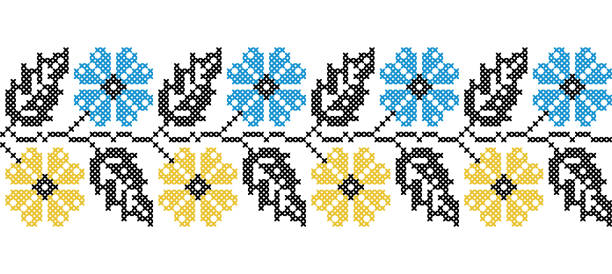 黄色と青の色のウクライナの花飾り。ベクター画像飾り、境界線、パターン。ウクライナの民俗、エスニックフラワー刺繍。ピクセルアート、ヴィシヴァンカ、クロスステッチ - ukrainian culture点のイラスト素材／クリップアート素材／マンガ素材／アイコン素材