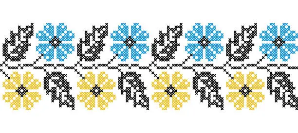 Vector illustration of Ukrainian floral ornament in yellow and blue colors. Vector ornament, border, pattern. Ukrainian folk, ethnic floral embroidery. Pixel art, vyshyvanka, cross stitch