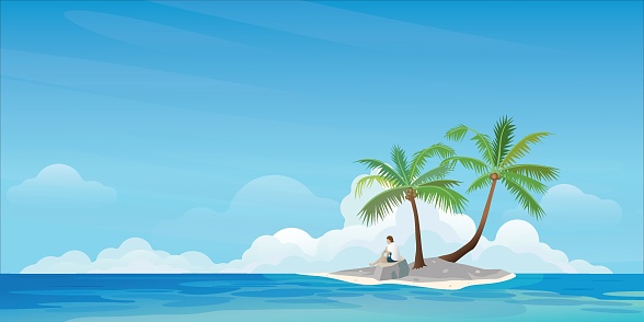 Small tropical island and palm trees with a shipwrecked man flat design. Travel concept vector illustration background with blank space.