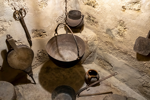 Medieval Kitchenware Old Traditional Medieval Kitchen With Cooking Tools And Fireplace In An ...