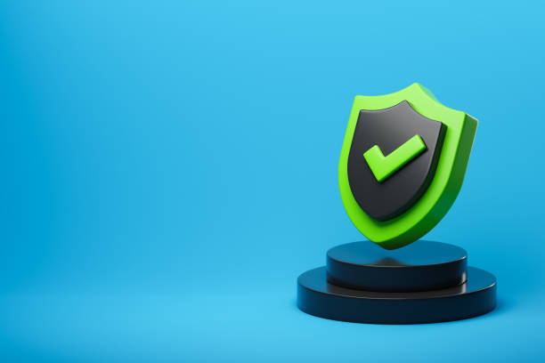 istock Green protection and security shield with a checkmark on a pedestal on a blue background copy space. 1487280651