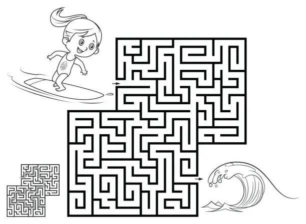 Vector illustration of Maze game for children. Surfer girl riding a surfboard. Black And White