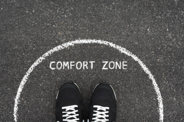 istock Comfort zone concept. Feet standing inside comfort zone circle. 1487281871