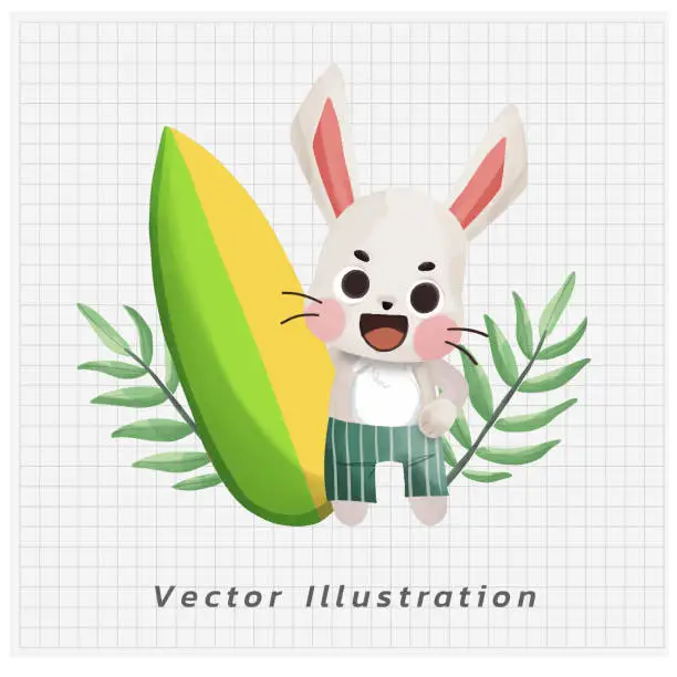 Vector illustration of Summer vacation theme. Cute Little bunny in swimming suit with surfboard. watercolor vector cartoon illustration