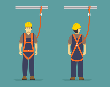 Isolated construction worker wearing safety harness. Using personal protective equipment to protect against a fall. Flat vector illustration template.