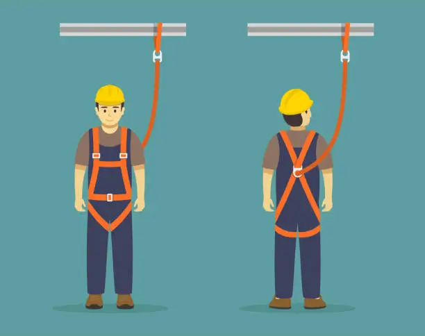 Vector illustration of Isolated construction worker wearing safety harness. Using personal protective equipment to protect against a fall.