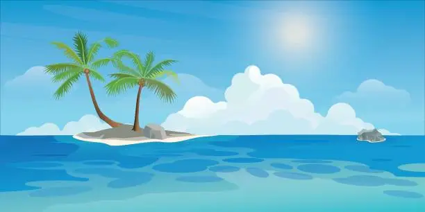 Vector illustration of Small tropical island with palm trees at the ocean in sunny day flat design. Travel in summer season concept vector illustration background.