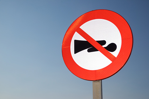 Traffic sign that prohibits honking to avoid disturbing wildlife, Zaragoza Province in Spain.