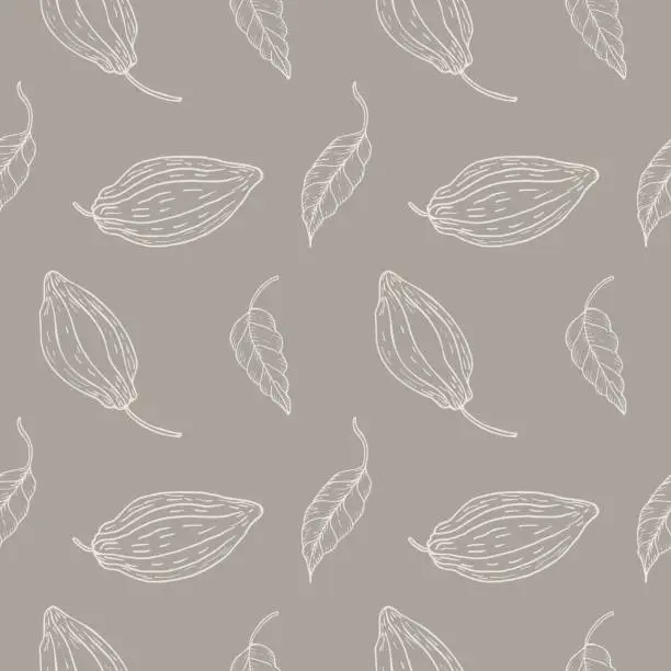 Vector illustration of Seamless pattern with cocoa fruits and cocoa plant on a gray background. A lot of cacao, repeating background, ornament. Hand drawn.Boho chic style. Packaging, textiles, polygraph, printing.Vector