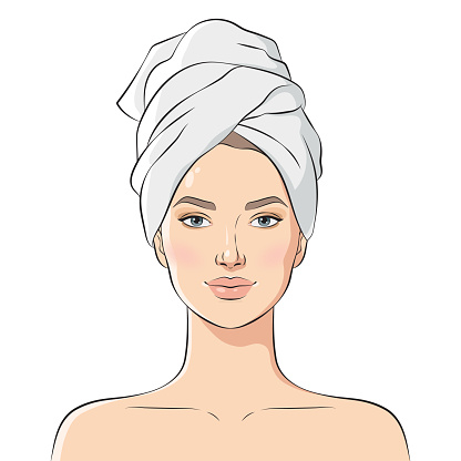 Beautiful young woman face with bath towel on her head, vector illustration.