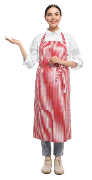istock Young woman in red striped apron on white background 1487290039