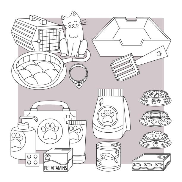 istock Set of elements for animals, cats, dogs. Pet care. Line art. 1487290286