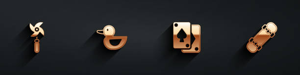 istock Set Pinwheel toy, Rubber duck, Playing cards and Skateboard icon with long shadow. Vector 1487290308