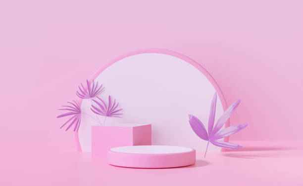 istock 3d pink cylinder stage podium empty with cube, palm leaf, abstract geometric cosmetic showcase pedestal pink background. minimal modern scene, 3d render illustration 1487290482