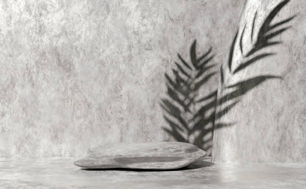 istock 3d gray stone cube stage podium empty with palm leaf shadow, abstract geometric cosmetic showcase pedestal grey background. minimal modern scene, 3d render illustration 1487291041
